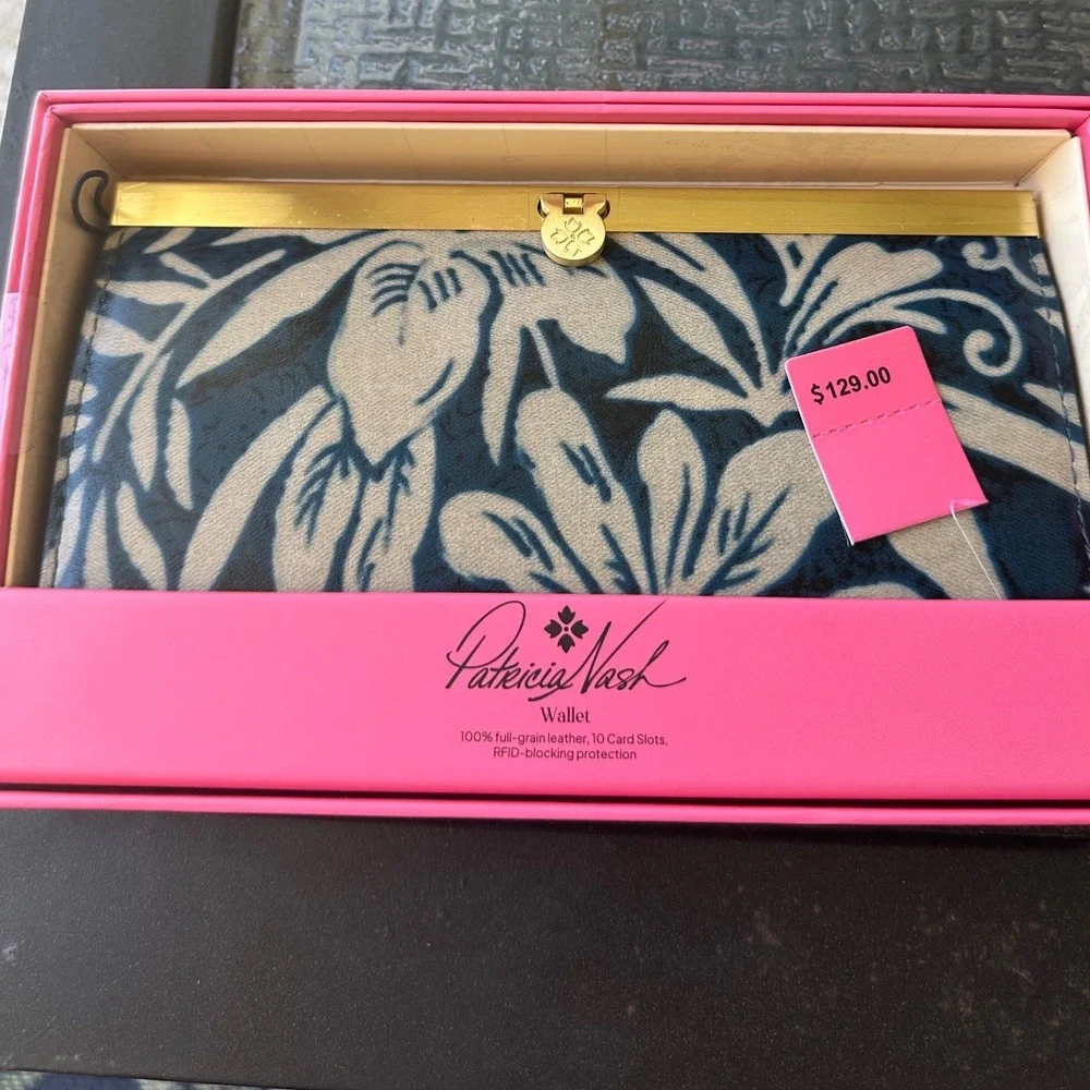 Patricia Nash Teal Floral‎ Leather Frame Wallet RFID 10 Card Slots NIB